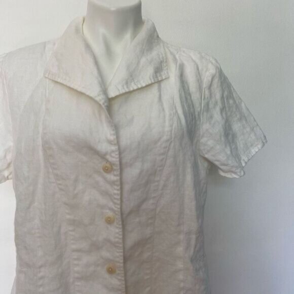 Flax 100% Linen ivory boxy button down short sleeve top - Picture 2 of 7